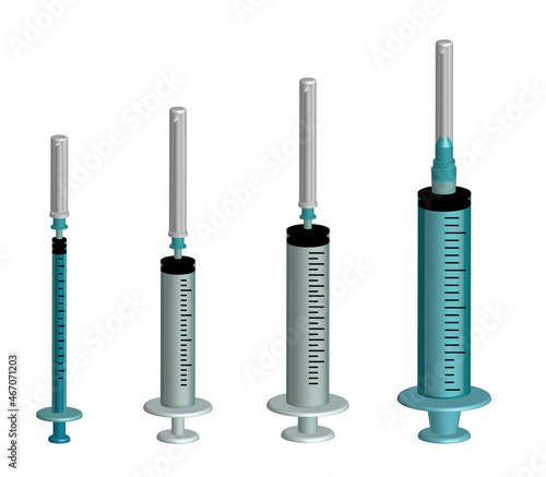 Syringes 3d set vector illustration. Syringes of different size.