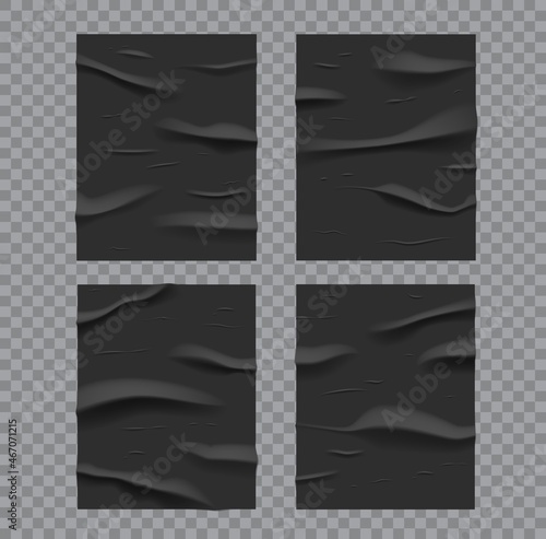 Black glued wet posters, wrinkled and crumpled paper texture. Realistic 3d vector mockups of blank paper sheets with folds and creases on transparent background, glued street poster or flyer