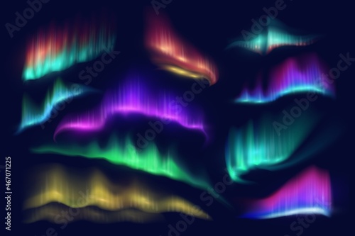 Northern polar lights of vector aurora borealis glow on dark background of night sky. Green, purple and yellow shining waves or swirls of Arctic, Nordic and Scandinavian natural luminescence photo