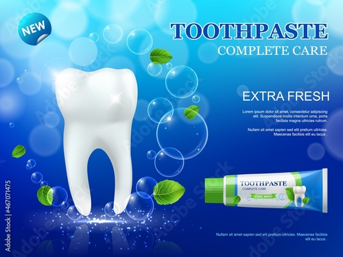 Whitening mint toothpaste and tooth, dental care and hygiene. Realistic 3d vector tooth with clean white enamel and healthy roots, green leaves of spearmint and tube of herbal paste with bubbles