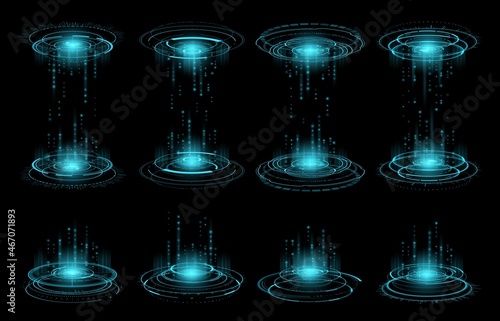 HUD futuristic circular virtual portal. Double-sided and one-sided game portal. Future space travel technology, virtual reality cyberspace and sci fi data transfer interface vector portals