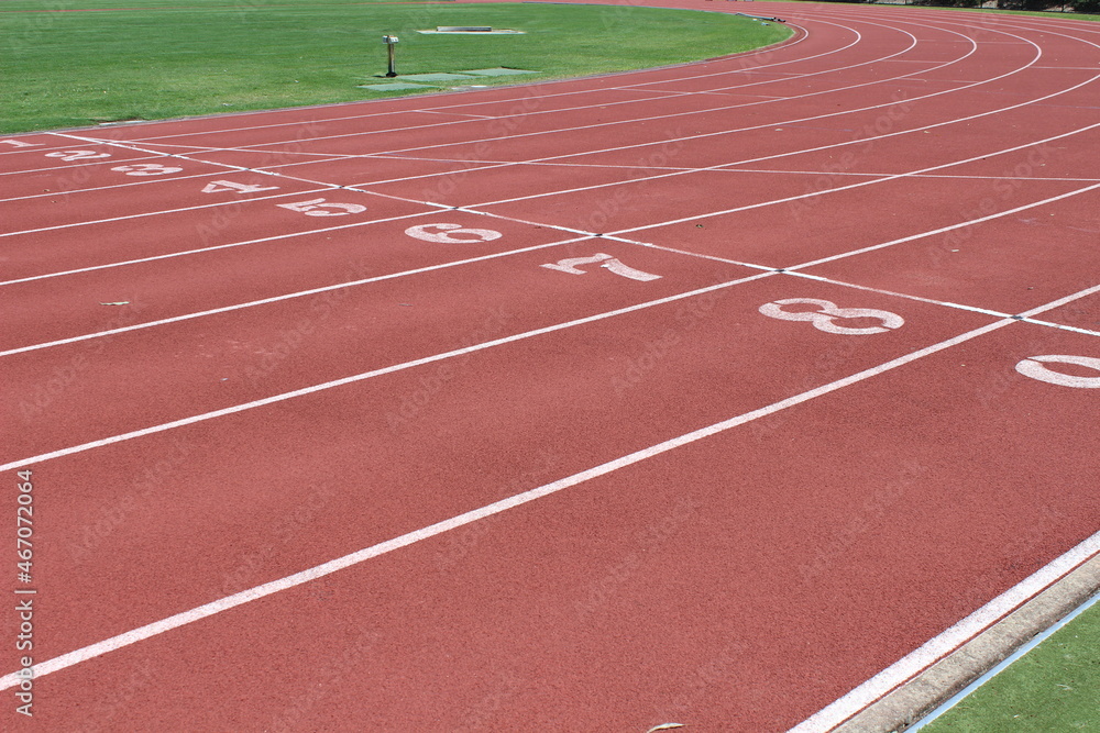 Close up of a university outdoor running track