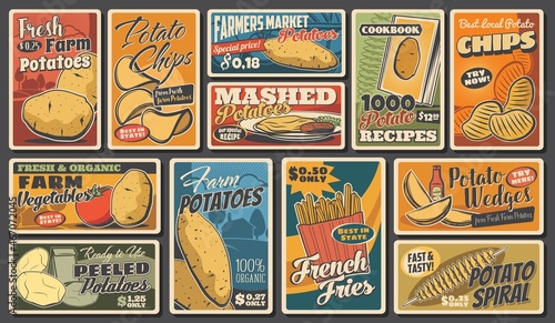 Potato food products, french fries, wedges and chips, vector vintage retro posters. Farm food vegetables and market products, mashed potatoes and tomato ketchup, organic agriculture harvest