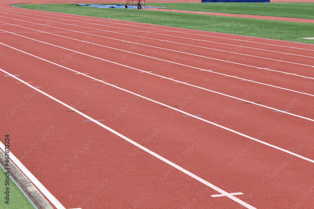 Close up of the lanes of a synthetic running track