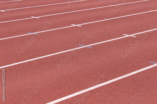 Close up of the lanes of an athletics running track