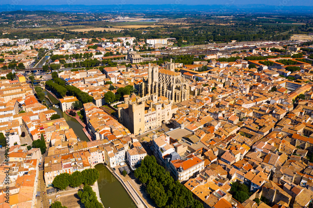 Panoramic aerial view of district of Narbonne with apartment buildings