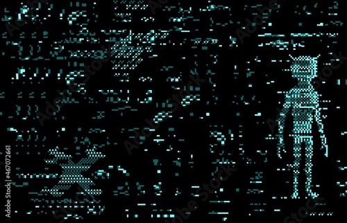 Glitch error screen distortion with alien. Digital pixel noise vector background with blue neon silhouette of humanoid alien, tv static screen texture and no signal effect pattern