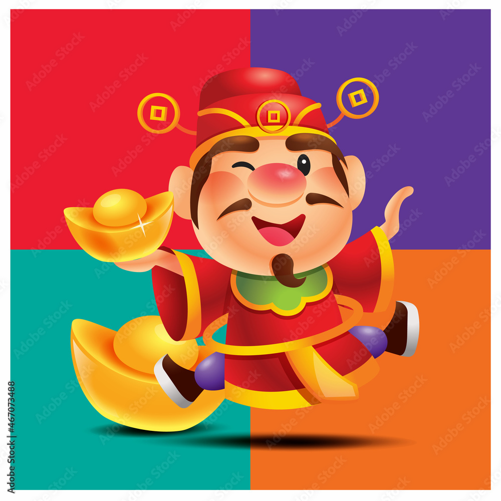 Cartoon cute god of wealth holding got ingot and jumping up with spread arm on colourful background Cartoon cute god of wealth holding got ingot and jumping up with spread arm on colourful background
