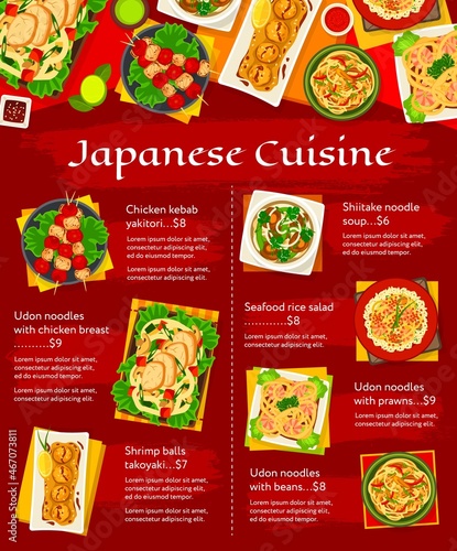 Japann cuisine vector menu template seafood rice salad, chicken kebab yakitori and udon noodles with beans. Shiitake noodle soup, noodles with chicken breast and shrimp balls takoyaki Japan meals photo
