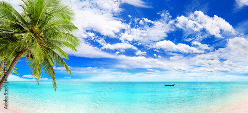 Tropical beach panorama, exotic island landscape panoramic view, green palm tree leaves, boat on turquoise sea water, ocean waves, white sand, blue sunny sky, clouds, summer holidays, vacation, travel