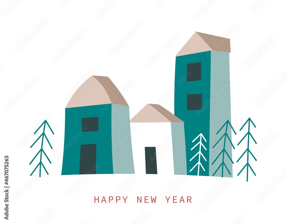 Happy new year, street with buildings and trees