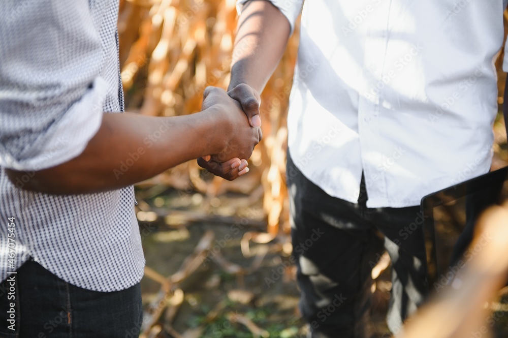Two African farmer partners shaking hands. The concept of agribusiness Two African farmer partners shaking hands. The concept of agribusiness