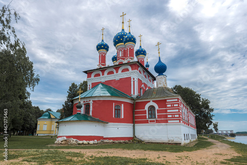 The ancient church of Dmitry on Blood close-up on a cloudy July day. Uglich, Golden Ring of Russia