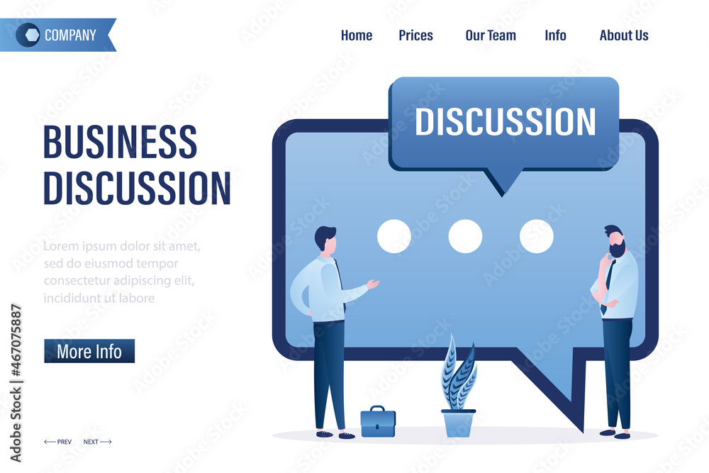 Business discussion, landing page template. Office workers talking. Employees chatting about business projects. Two handsome businessmen and big speech bubble. Colleagues, teamwork Business discussion, landing page template. Office workers talking. Employees chatting about business projects. Two handsome businessmen and big speech bubble. Colleagues, teamwork