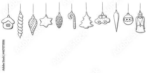 Vector Christmas and New Year background with Hanging outline toys, balls, decorations for xmas tree, in doodle style