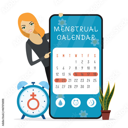Application to track menstrual cycle. Girl checks menstrual period by app. Menstruation calendar on phone screen