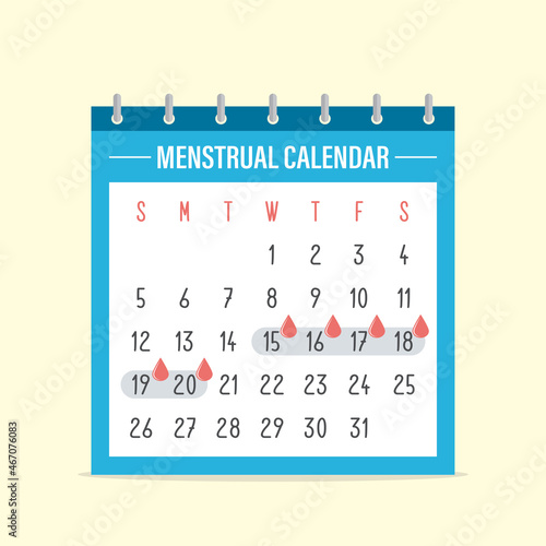 Calendar with marked menstrual periods. Critical days schedule. Check menstrual cycle calendar. Menstruation, pms and reproductive system. Feminine hygiene.