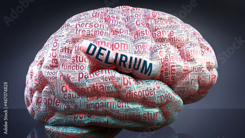 Delirium in human brain, hundreds of crucial terms related to Delirium projected onto a cortex to show broad extent of the condition and to explore concepts linked to it, 3d illustration