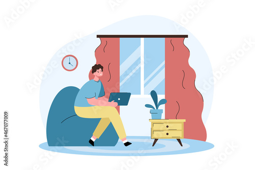 Man sitting on armchair working from home in modern interior. Freelance, self employed or studying concept. Flat vector illustration