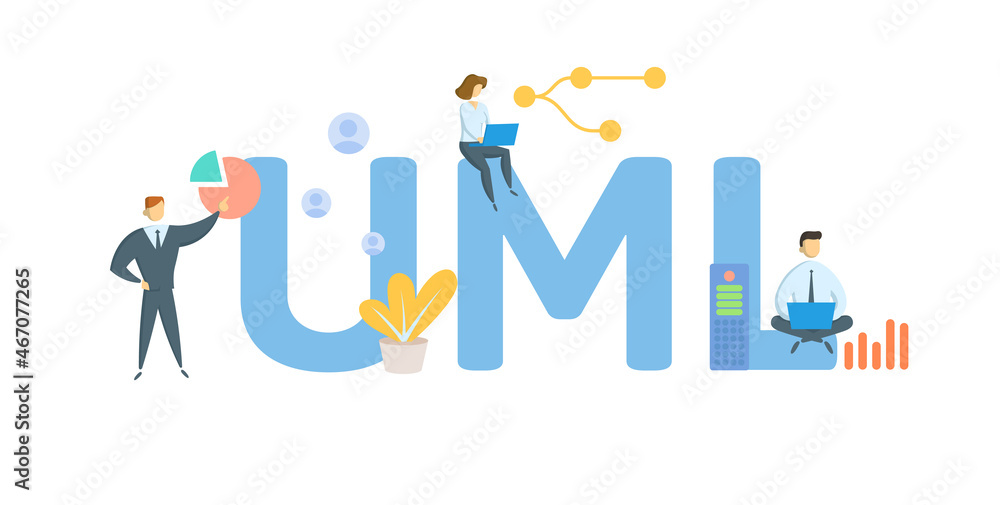 UML, Unified Modeling Language. Concept with keyword, people and icons. Flat vector illustration. Isolated on white. UML, Unified Modeling Language. Concept with keyword, people and icons. Flat vector illustration. Isolated on white.