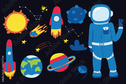  Vector hand-drawn set of space objects. Set of planets, rockets, constellations.
