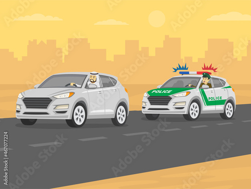 Fototapeta Naklejka Na Ścianę i Meble -  Driving a car. Angry arab traffic police officer chasing suv car on the sandy highway. Traffic speed control. Flat vector illustration template.