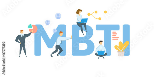 MBTI, Myers-Briggs Type Indicator. Concept with keyword, people and icons. Flat vector illustration. Isolated on white.
