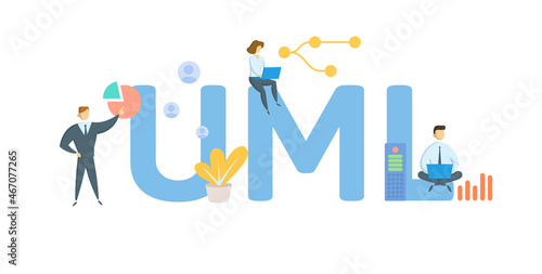 UML, Unified Modeling Language. Concept with keyword, people and icons. Flat vector illustration. Isolated on white.