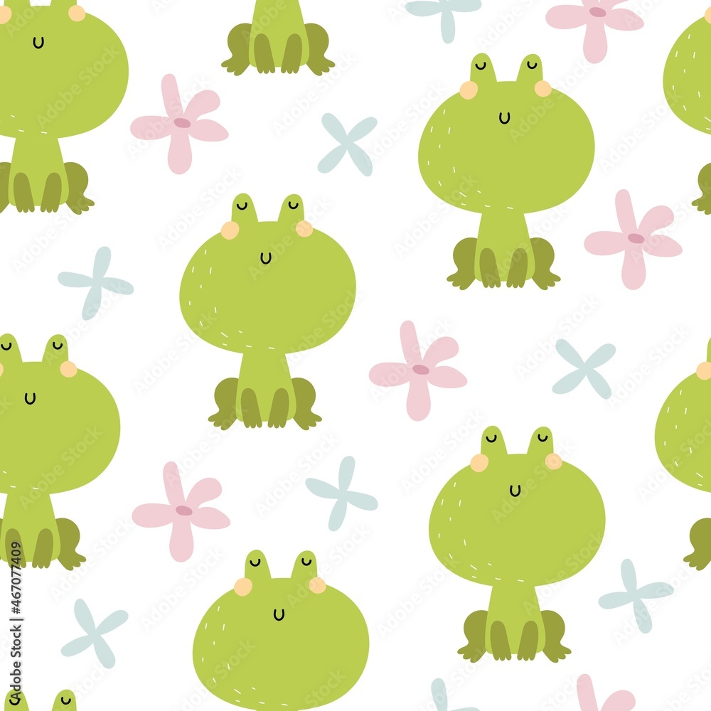 Obraz premium seamless pattern with cartoon frog. colorful vector for kids, flat style. Baby design for fabric, textile, print, wrapper.