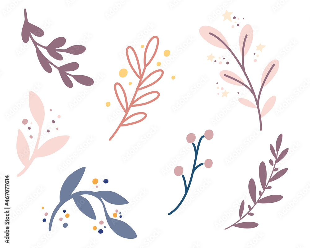 Branches set for decoration. Boho Floral elements in pastel colors. Perfect for baby shower, birthday, children's party, clothing prints. Hand Draw Vector illustration.