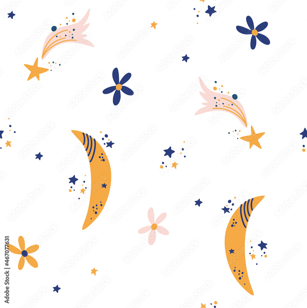 Moon and stars seamless pattern. Boho elements in pastel colors. Perfect for textile, wallpaper or print design. Hand Draw Vector illustration. Moon and stars seamless pattern. Boho elements in pastel colors. Perfect for textile, wallpaper or print design. Hand Draw Vector illustration.