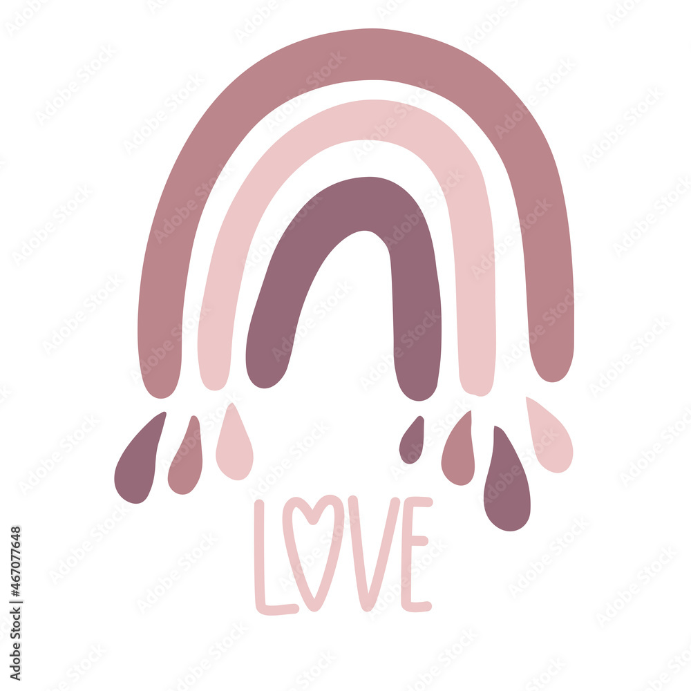 Rainbow with clouds. Inscription Love. Clipart for children's room, greeting cards, children's and children's T-shirts and clothing. Hand-drawn vector native illustration