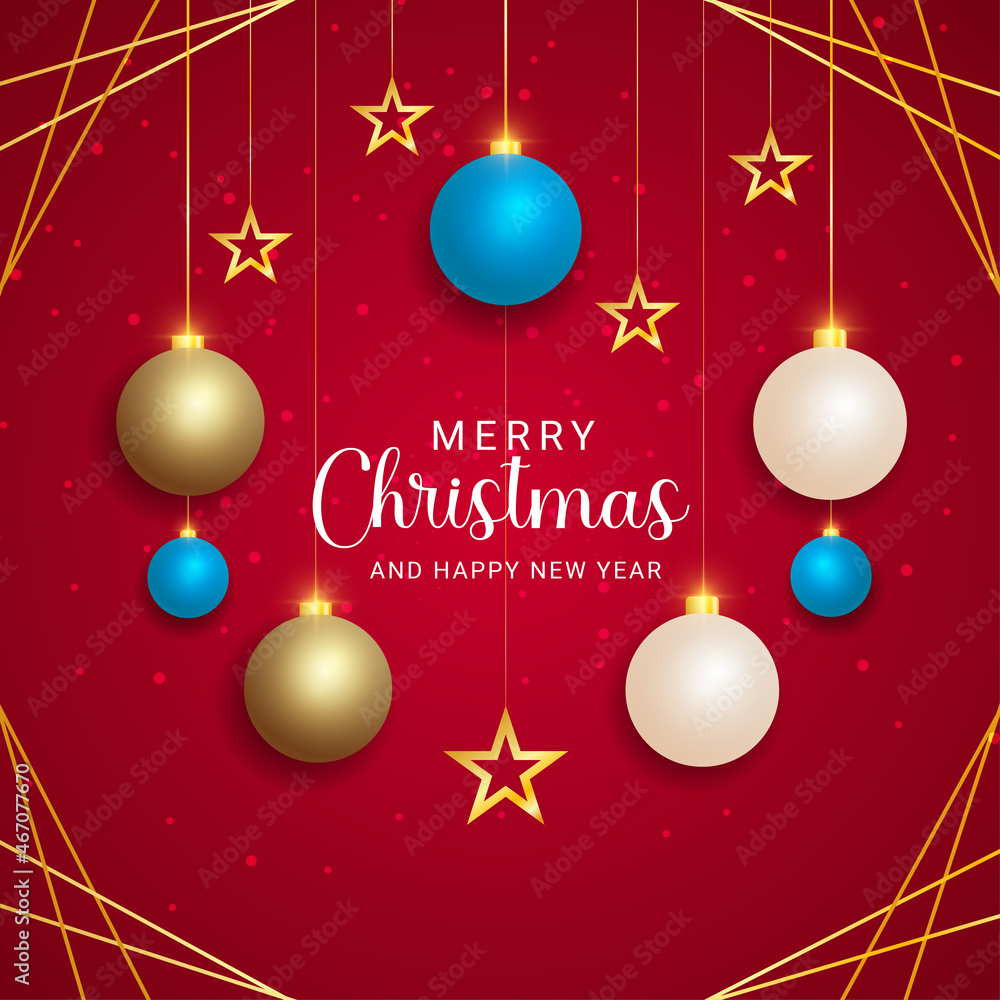 Merry christmas and happy new year realistic golden and sky blue balls golden stars with red background Merry christmas and happy new year realistic golden and sky blue balls golden stars with red background
