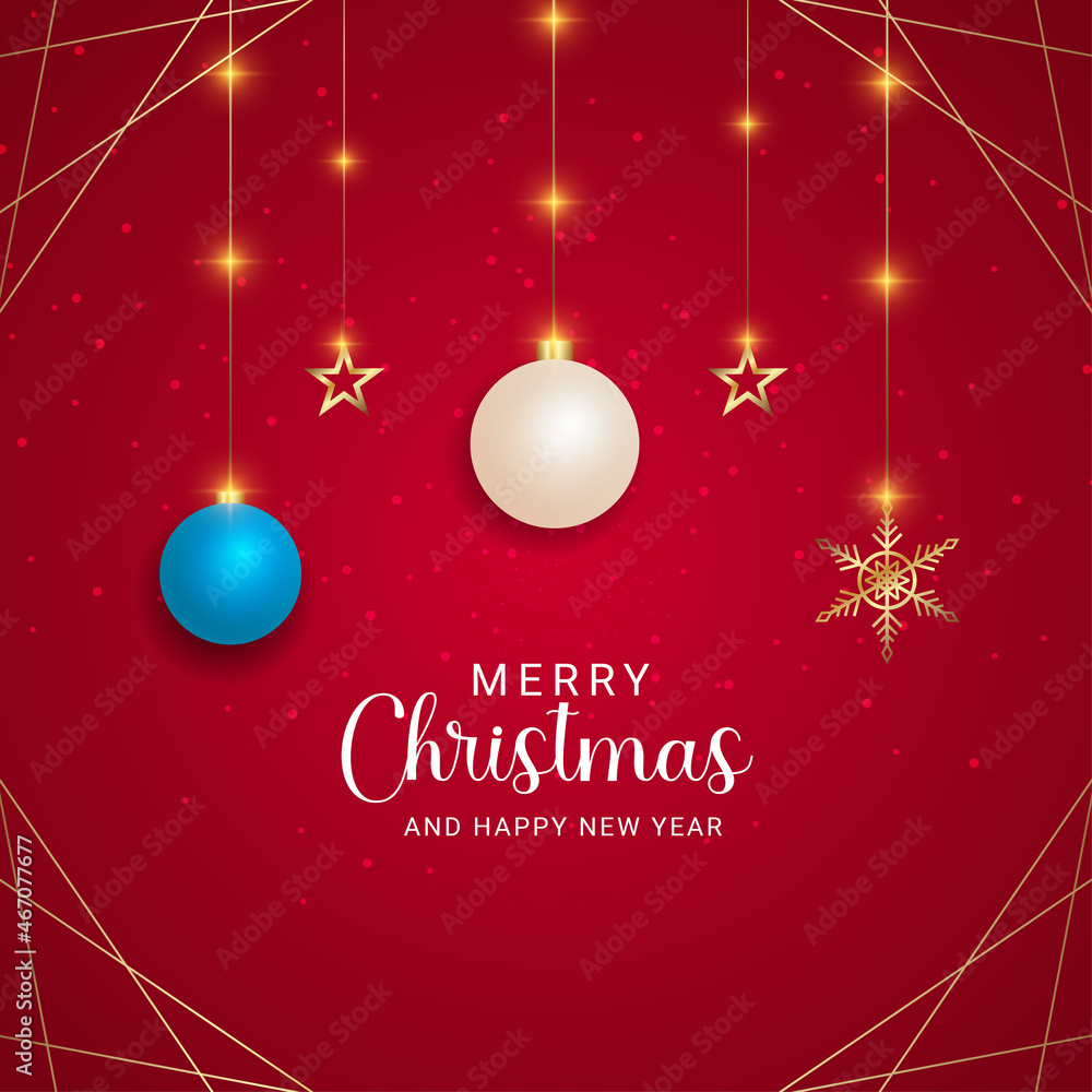 Christmas greeting with realistic decoration white and  sky blue balls golden stars Christmas lights and red background