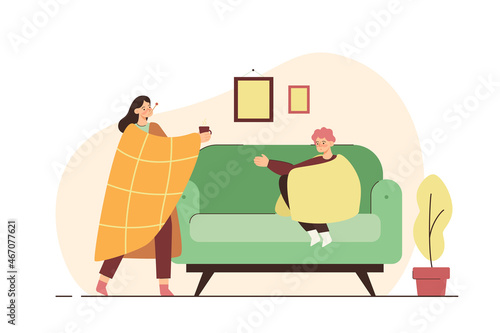 Woman with thermometer in mouth giving medicine to a sick man. Fever, illness, medication, high body temperature. Healthcare and isolation concept. Modern flat vector illustration