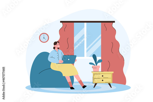 Woman sitting on armchair working from home in modern interior. Freelance, self employed or studying concept. Flat vector illustration
