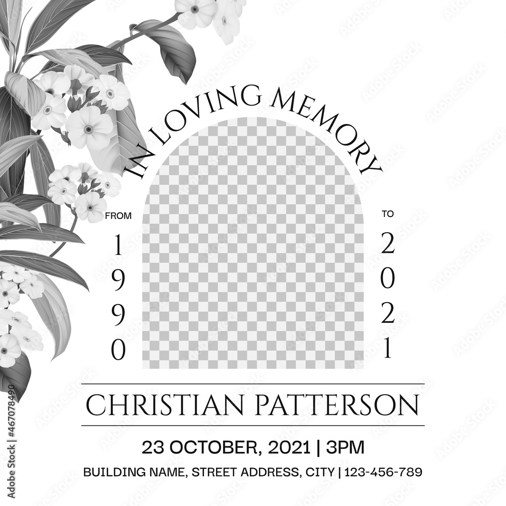 Floral memorial and funeral invitation card template design, white decorated with black and white Woolly rock jasmine flowers and leaves - obrazy, fototapety, plakaty 