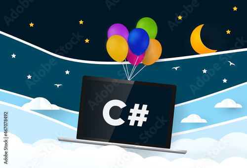 Fototapeta Naklejka Na Ścianę i Meble -  C sharp  programming language. Balloons carries laptop with word C#
