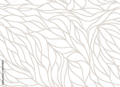 Curly waves tracery, curved lines, stylized abstract petals pattern. Seamless leaf background. Beige outline white texture. Organic wallpapers for printing on paper or fabric. Vector