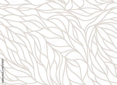 Curly waves tracery, curved lines, stylized abstract petals pattern. Seamless leaf background. Beige outline white texture. Organic wallpapers for printing on paper or fabric. Vector