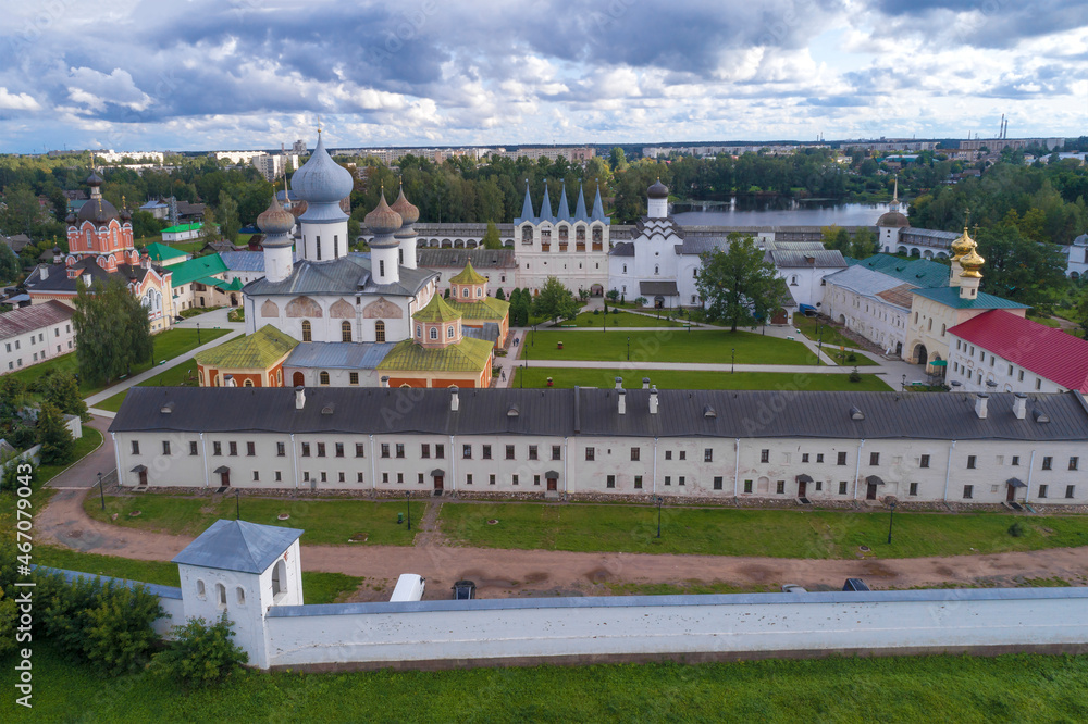 Ancient Tikhvin Monastery of the Assumption on a cloudy August day (aerial photography). Leningrad region, Russia