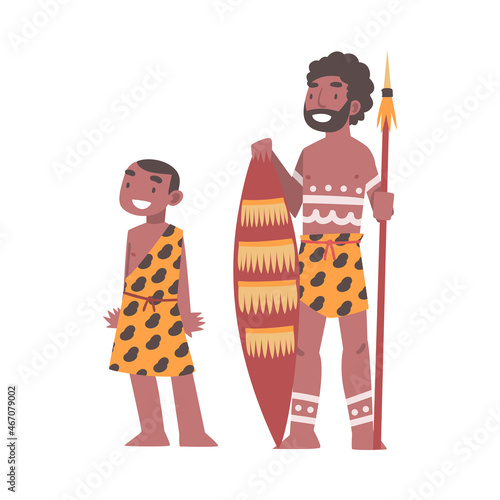 African Aboriginal Man Father with His Son Dressed in Traditional Animal Skin Standing with Spear and Shield Vector Illustration