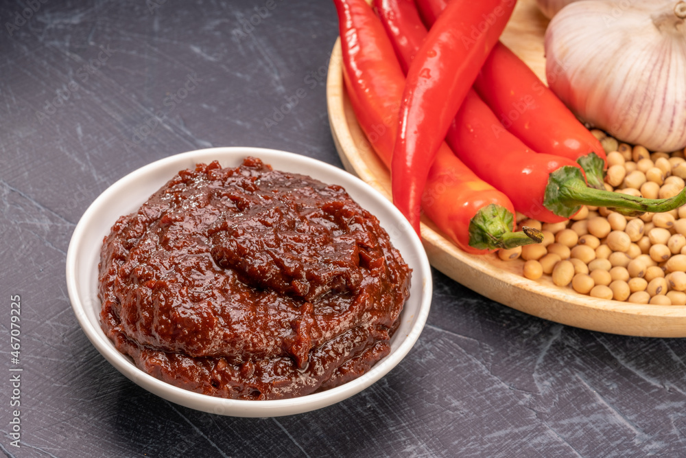 Korean spicy dipping sauce or Ssam Jang, Korean Mixed seasoning with red chili powder, garlic and soybean. Korean spicy dipping sauce or Ssam Jang, Korean Mixed seasoning with red chili powder, garlic and soybean.