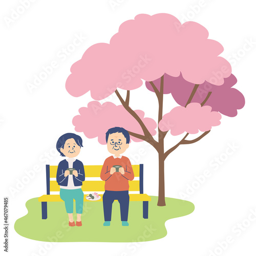 花見をするシニアのイラスト