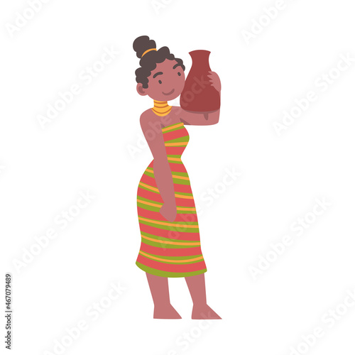 Barefoot African Aboriginal Woman Character Dressed in Traditional Tribal Clothing Holding Vase Vector Illustration