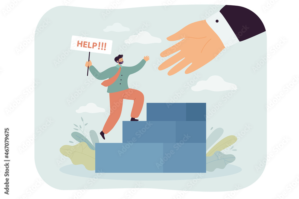 Giant hand helping businessman in social solidarity. Emergency rescue of business person with help sign, workplace community flat vector illustration. Charity, assistance, teamwork concept for banner