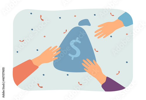 Three hands reaching out for money bag in center. People trying to achieve commercial success flat vector illustration. Business, investment concept for banner, website design or landing web page