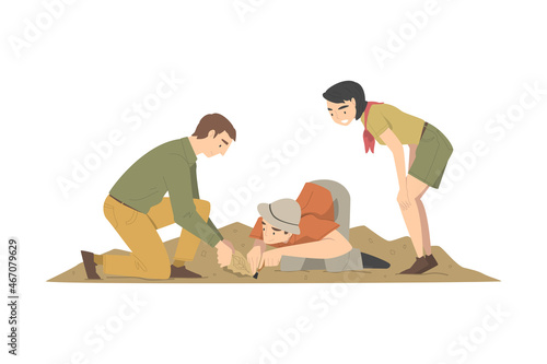 Man and Woman Archaeologist Working on Excavations in Search of Archaeological Remains Vector Illustration