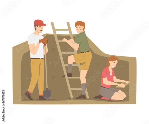 Man and Woman Archaeologist Working on Excavations in Search of Archaeological Remains Vector Illustration