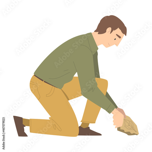 Man Archaeologist Sitting with Ancient Ecofact Working on Excavations in Search of Archaeological Remains Vector Illustration